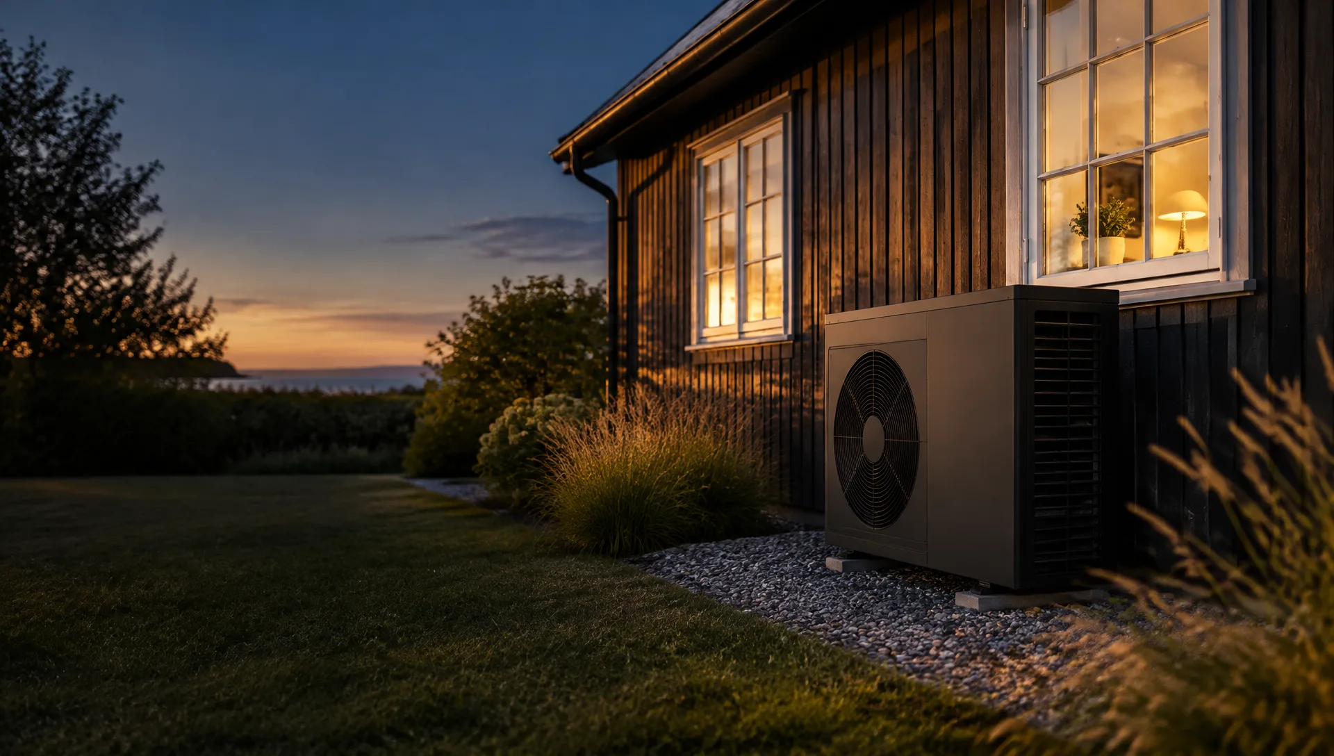 Varmepumpe uden for et dansk sommerhus med varmt lys i vinduerne i aftenlys